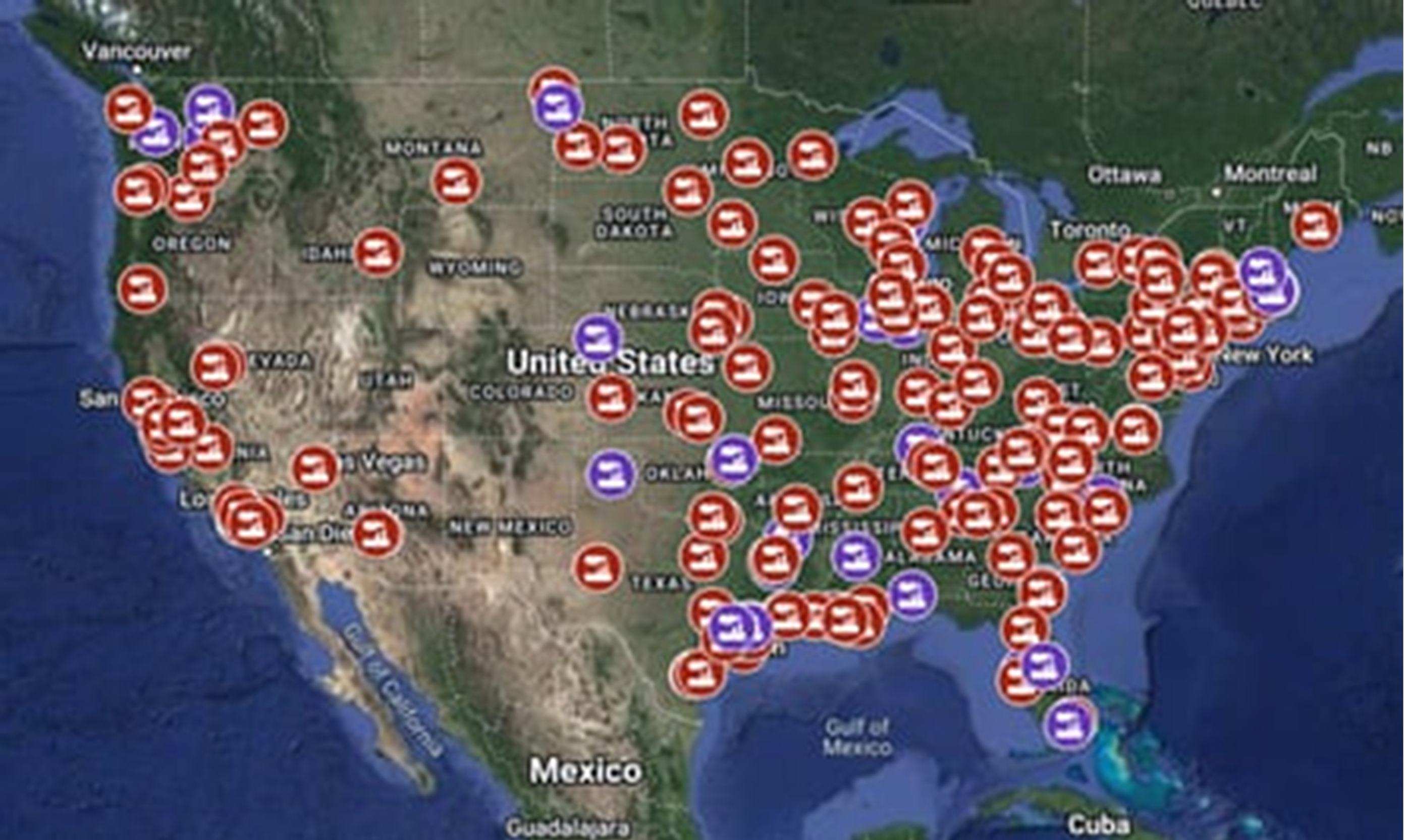 Map of reported chemical accidents in the US